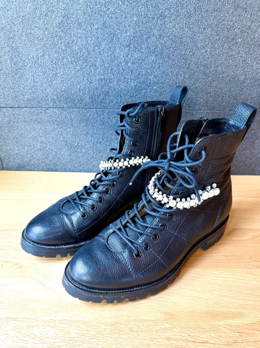 Jimmy Choo Black Leather Lace-Up Combat Boots with Pearl Chain Accent
